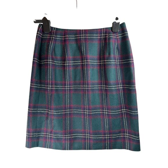 Preppy Wool Plaid Wrap Skirt Green Burgundy Tartan Mini - Picture 2 of 9
